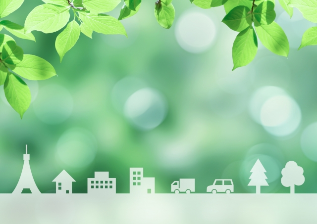 緑と建物と車のイラスト