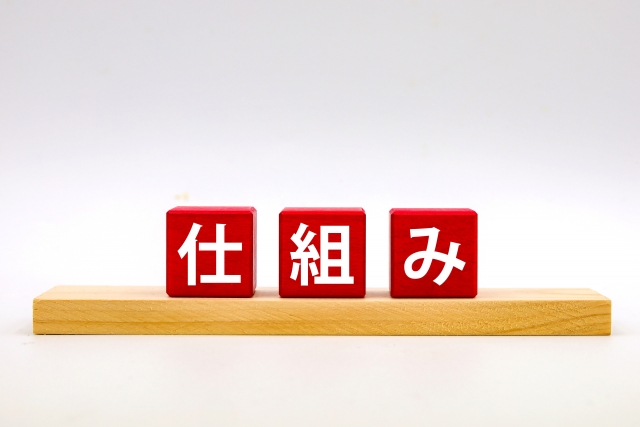仕組みの文字列が書かれた積み木