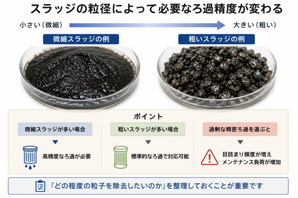 スラッジの粒径の大きさを解説するAI画像